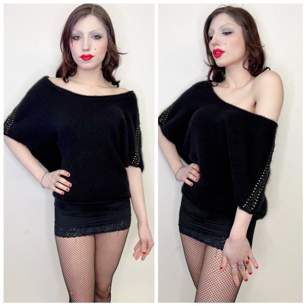 YOUNG by YoYo Yeung Angora Off Shoulder Studded Goth Sweater M Medium Black Rock